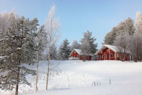 Kaksi punaista mökki ulkoapäin lumisessa talvimaisemassa havupuiden keskellä.. 